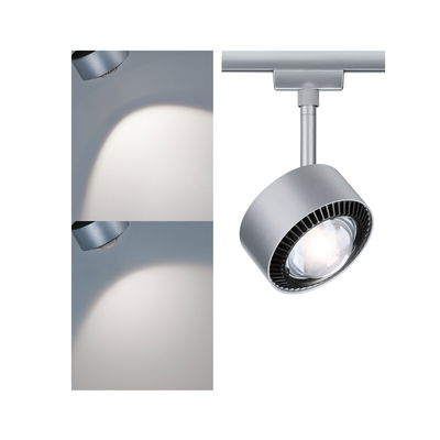 Moderne zilverkleurige metalen LED-spot voor railsysteem met warm wit licht en verstelbare kop