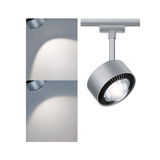 Moderner silberner LED-Spot aus Metall für Schienensystem mit warmweißem Licht und verstellbarem Kopf
