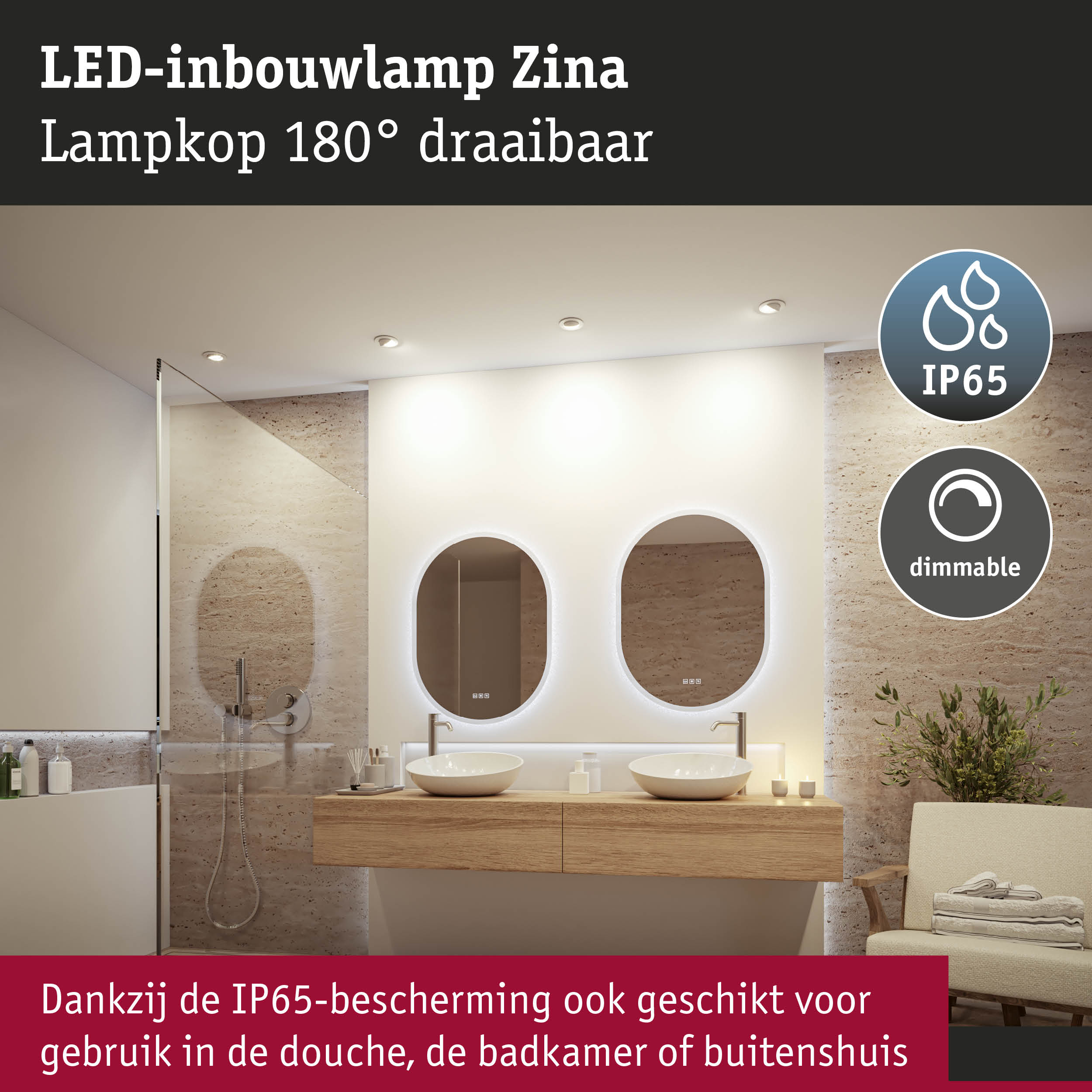 LED-inbouwlamp Zina met 180° draaibare lampkop, IP65 waterdicht, dimbaar voor badkamer en douche