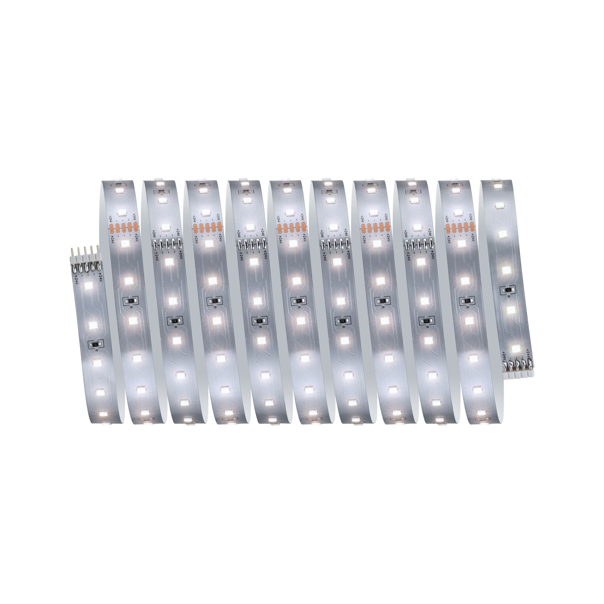 Flexible LED strip with white LEDs on silver circuit board for modern lighting solutions