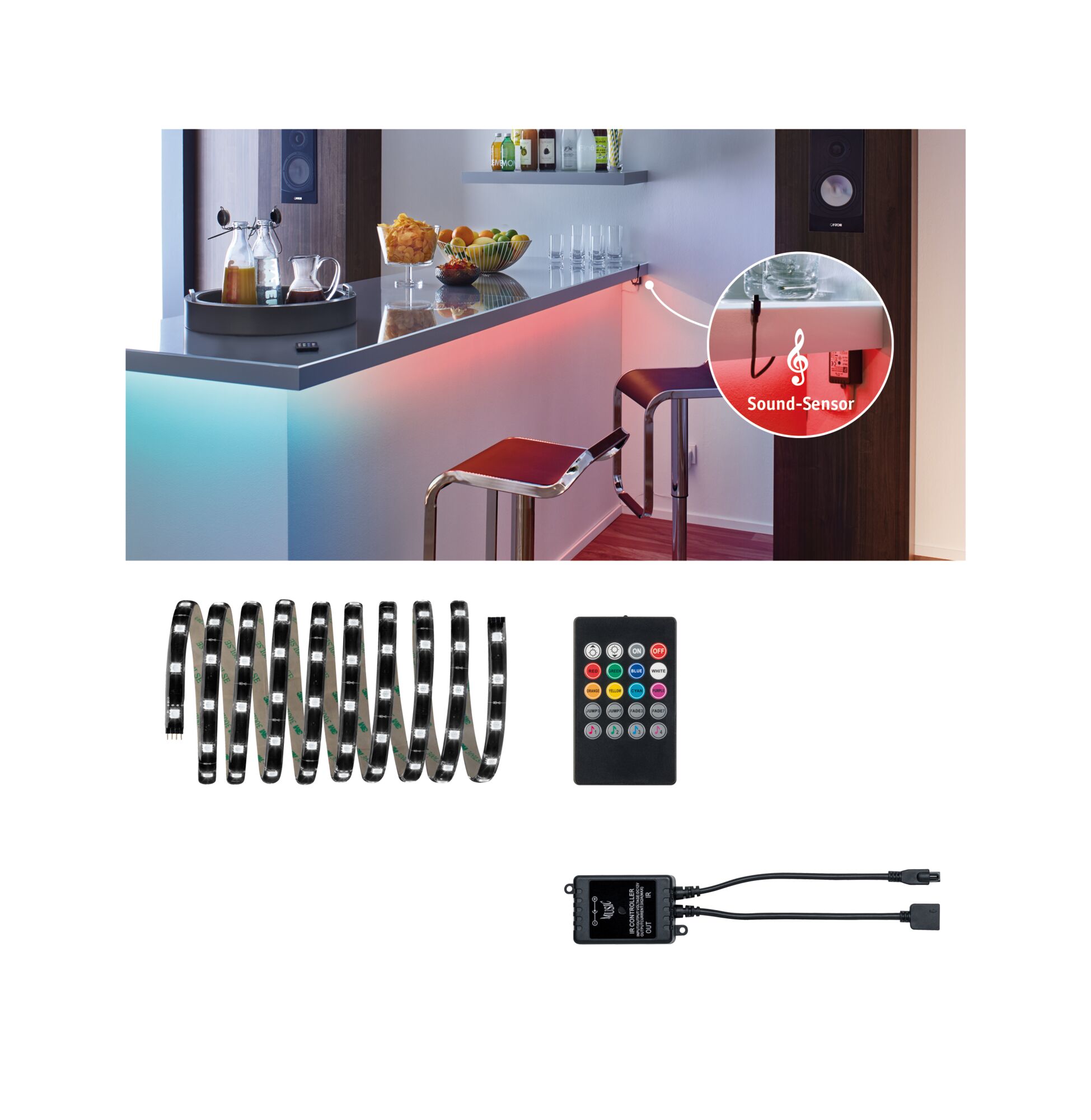 LED-lichtstrip met afstandsbediening en geluidsensor voor kleurrijke sfeerverlichting op keuken- of barkrukken.