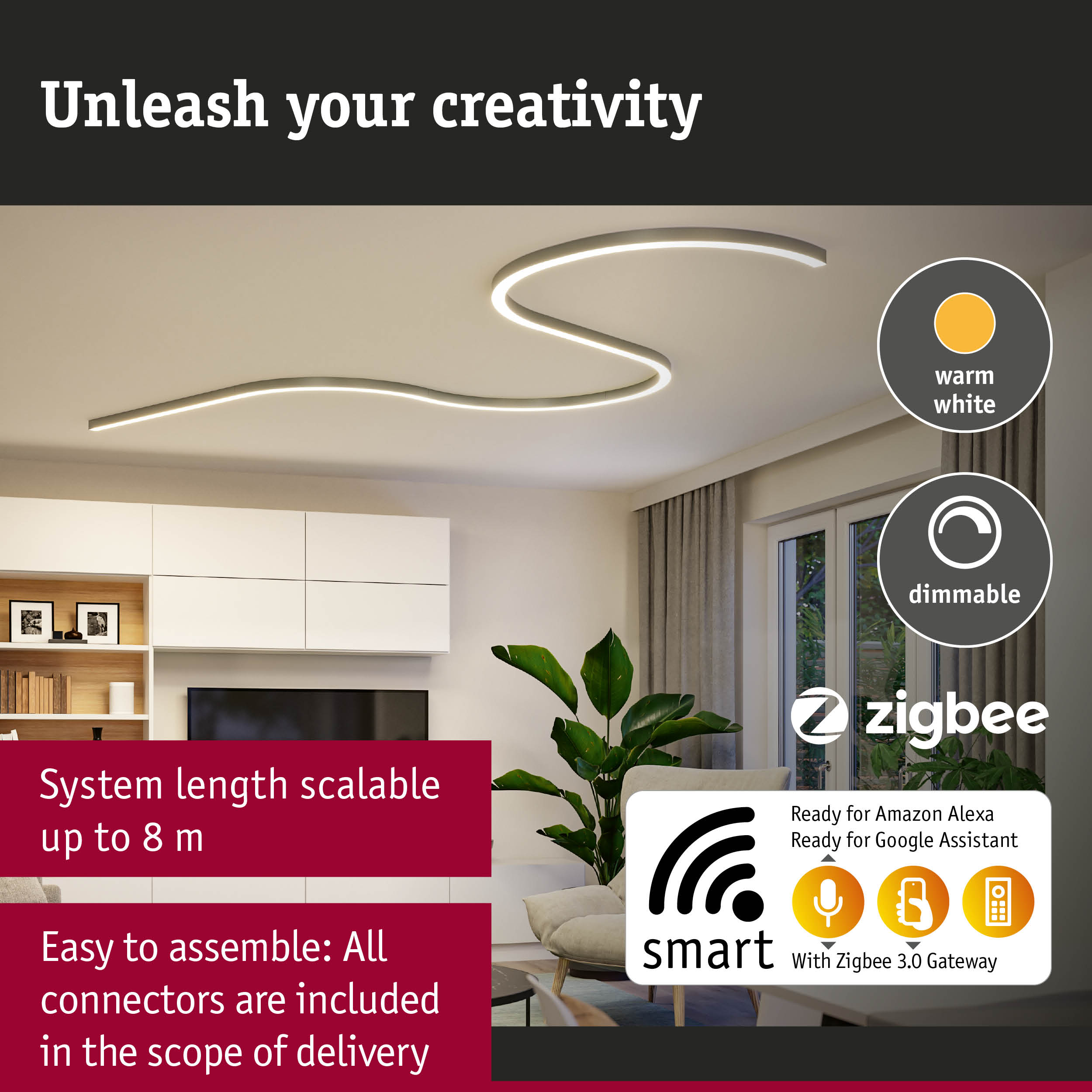 Curved LED ceiling light with warm white illumination and Zigbee smart home compatibility