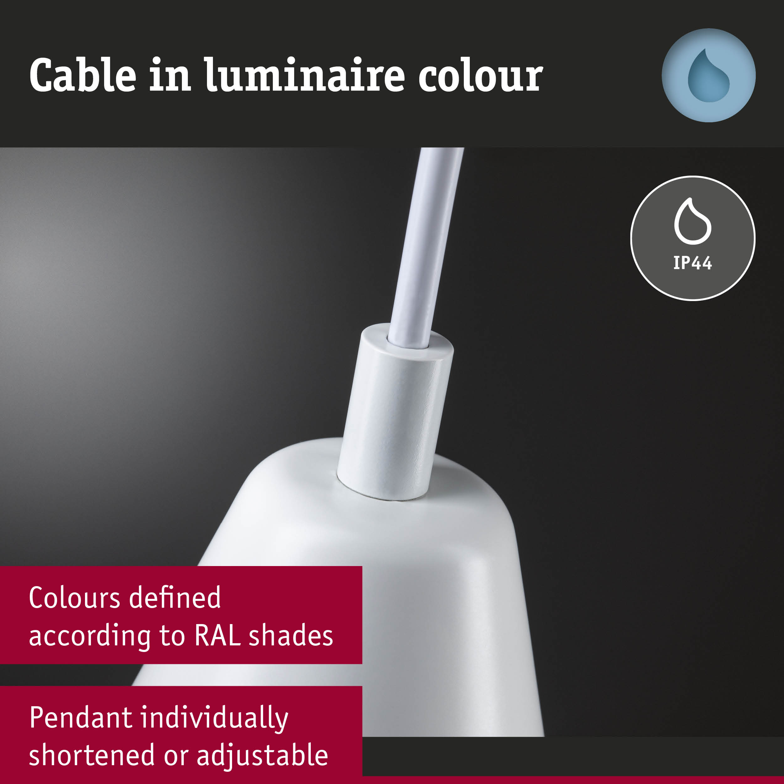 White pendant light cable with IP44 protection, adjustable length and RAL colour options for lighting cable