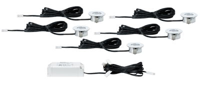 Set mit fünf runden Einbau-LED-Spots aus Metall in Silber mit schwarzem Kabel und weißem Treiber