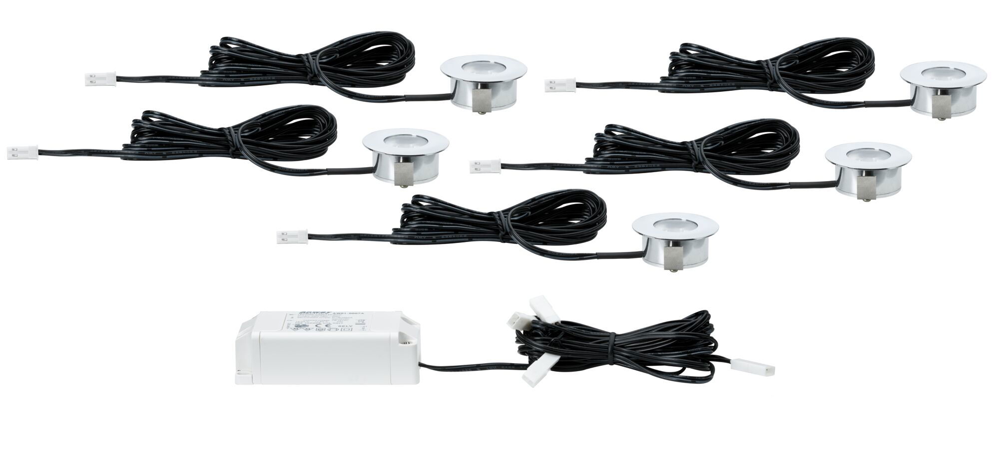 Set of five round silver metal recessed LED spots with black cables and white driver for lighting