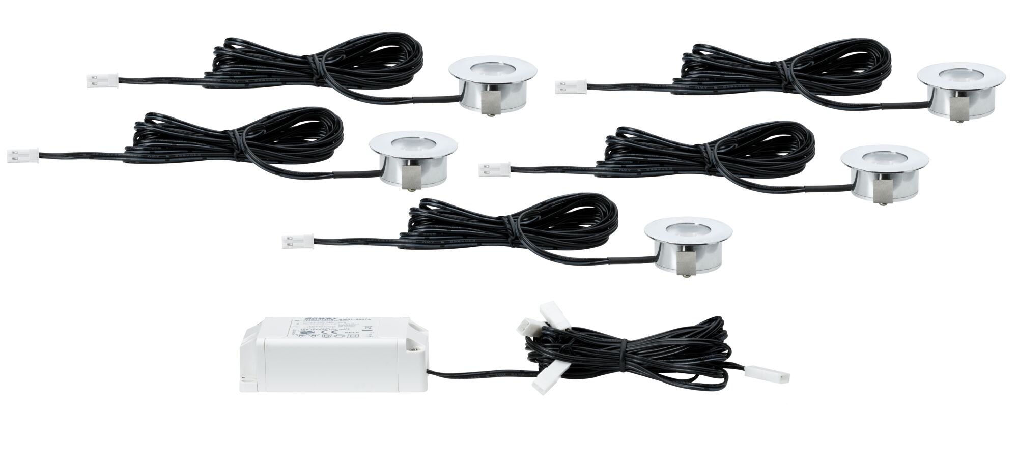 Set of five round silver metal recessed LED spots with black cables and white driver for lighting
