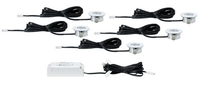 Set of five round silver metal recessed LED spots with black cables and white driver for lighting