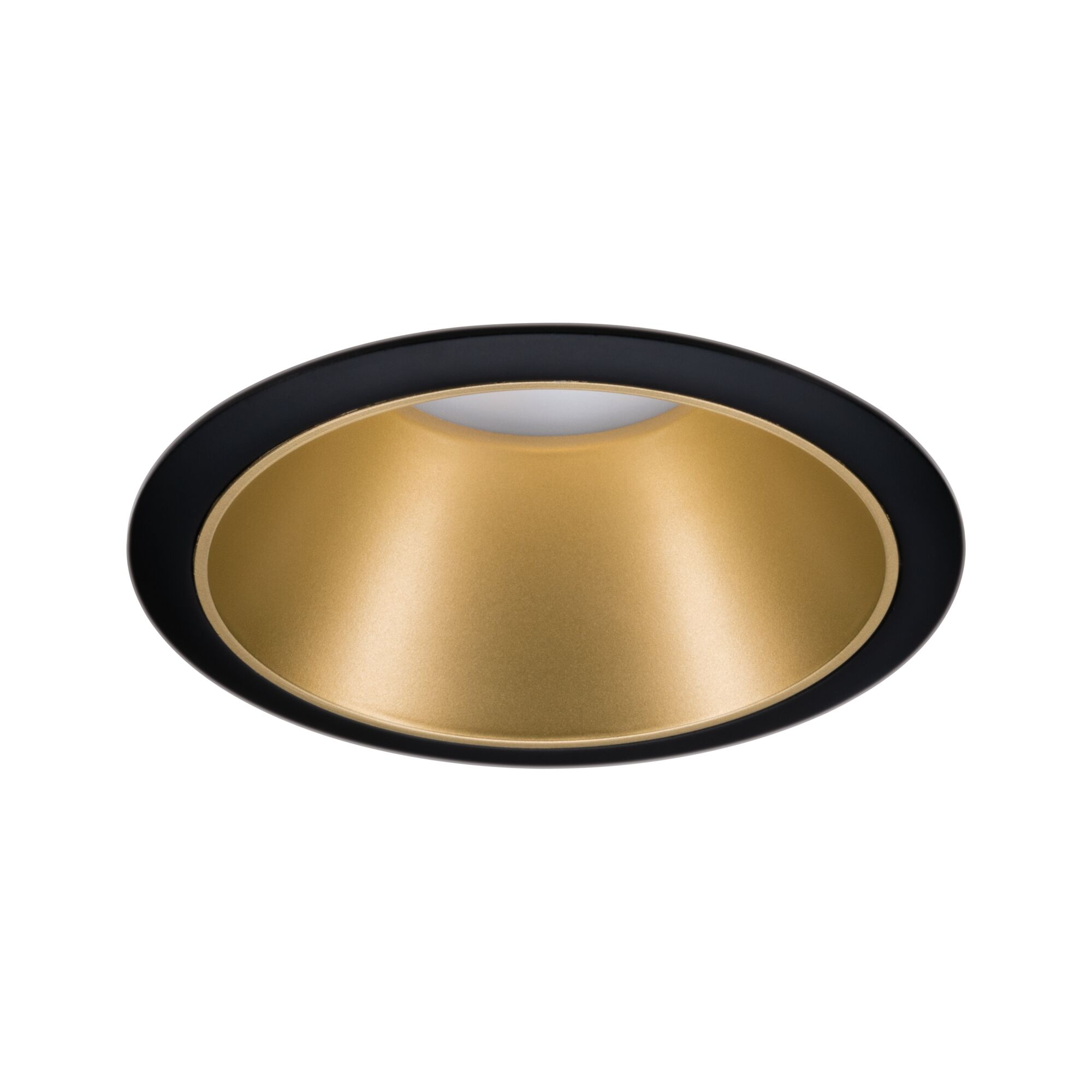 Round recessed spotlight with black frame and gold metal reflector for modern LED lighting solutions.