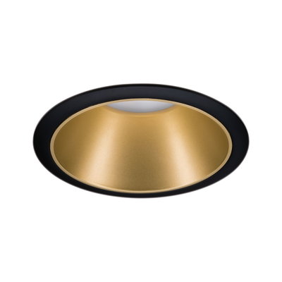 Runder Einbaustrahler mit schwarzem Rand und goldfarbenem Reflektor aus Metall für moderne LED-Beleuchtung.