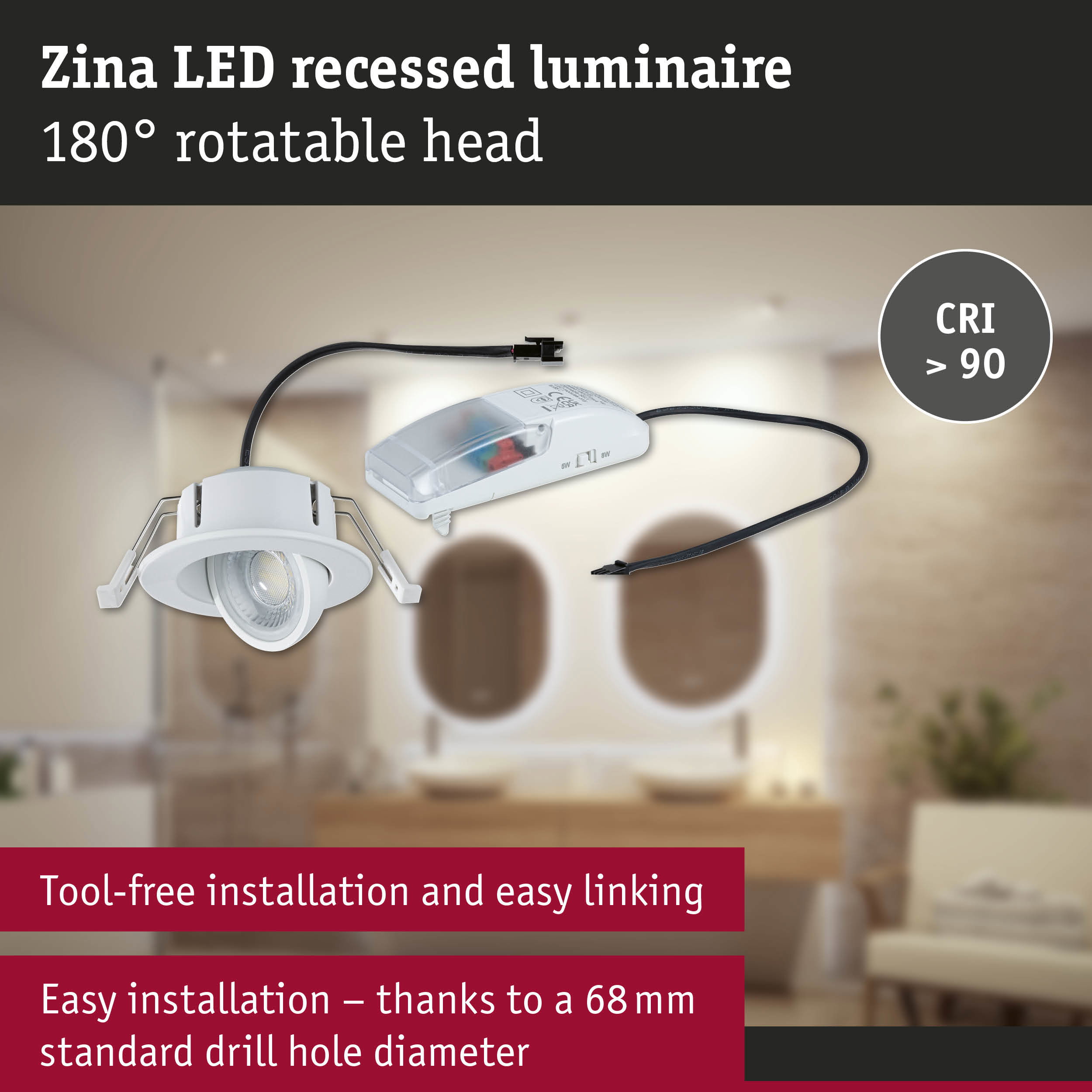 Zina white LED recessed spotlight with 180° rotatable head and CRI over 90 for home lighting