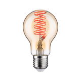 Light bulb with spiral LED filament in warm amber glass for decorative lighting use