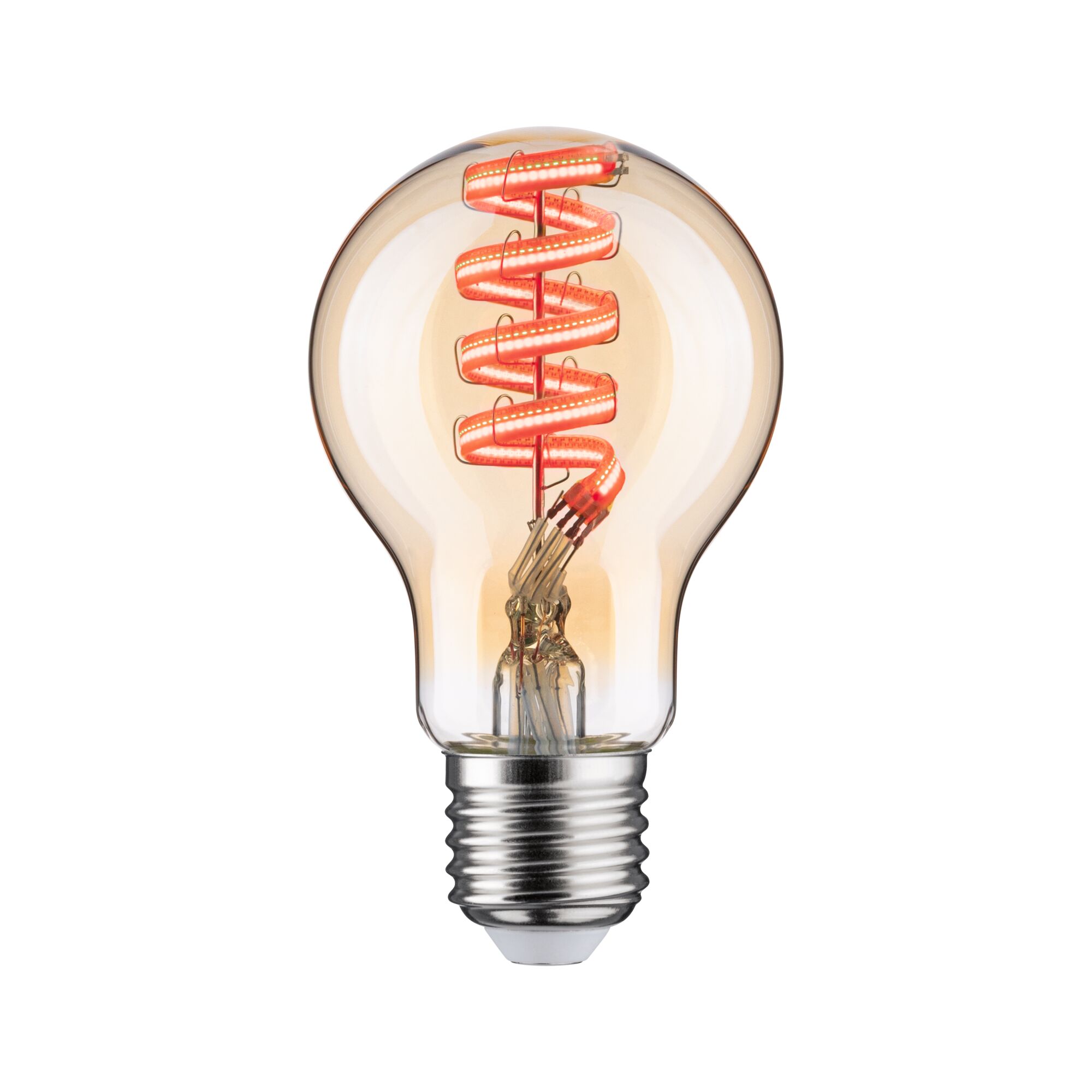 Light bulb with spiral LED filament in warm amber glass for decorative lighting use