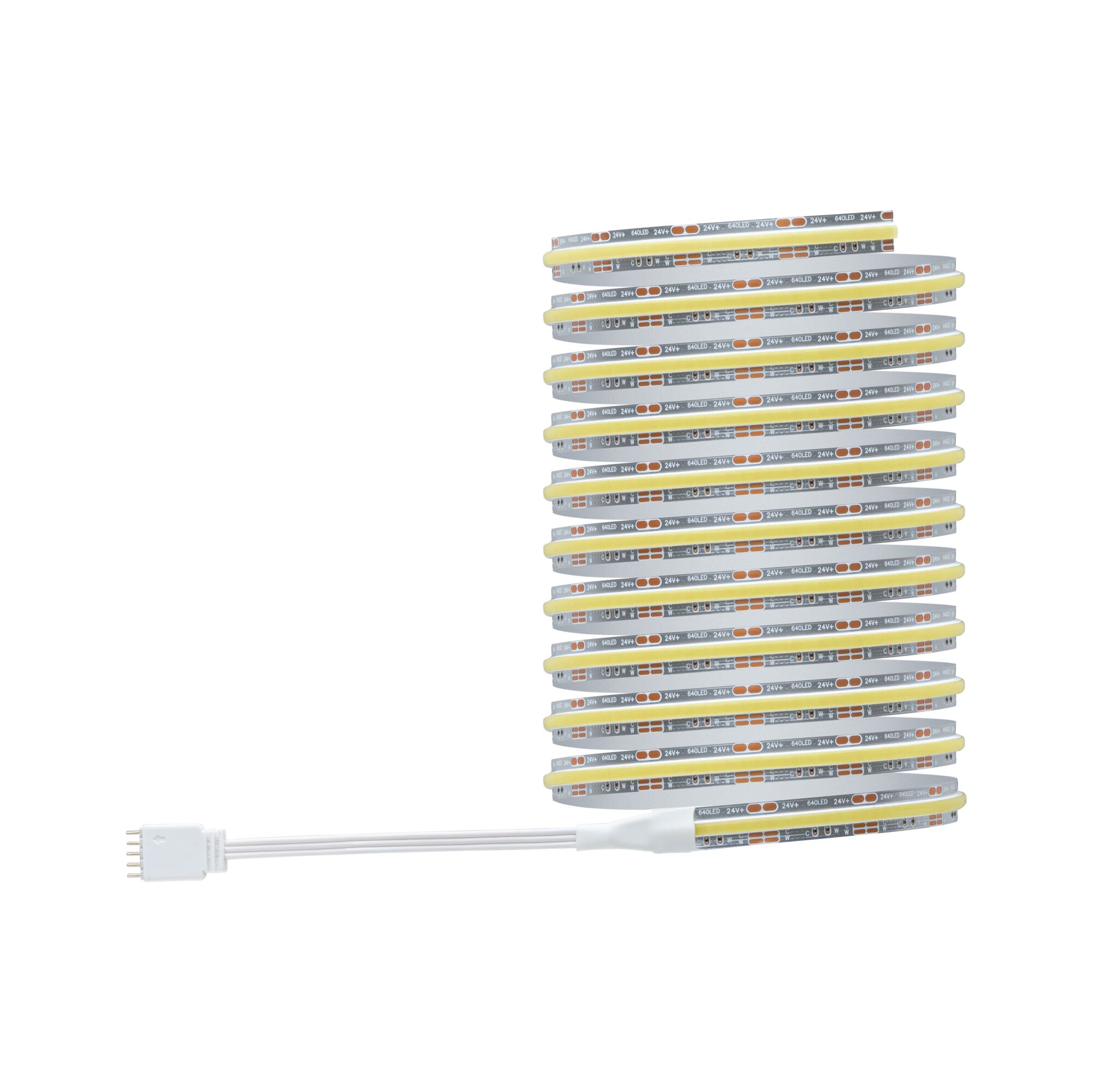 Flexible 24V LED strip light in white with warm white LEDs for versatile indoor lighting solutions.