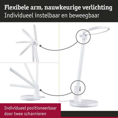 Witte LED-bureaulamp met flexibele arm en twee scharnieren voor nauwkeurige verlichting