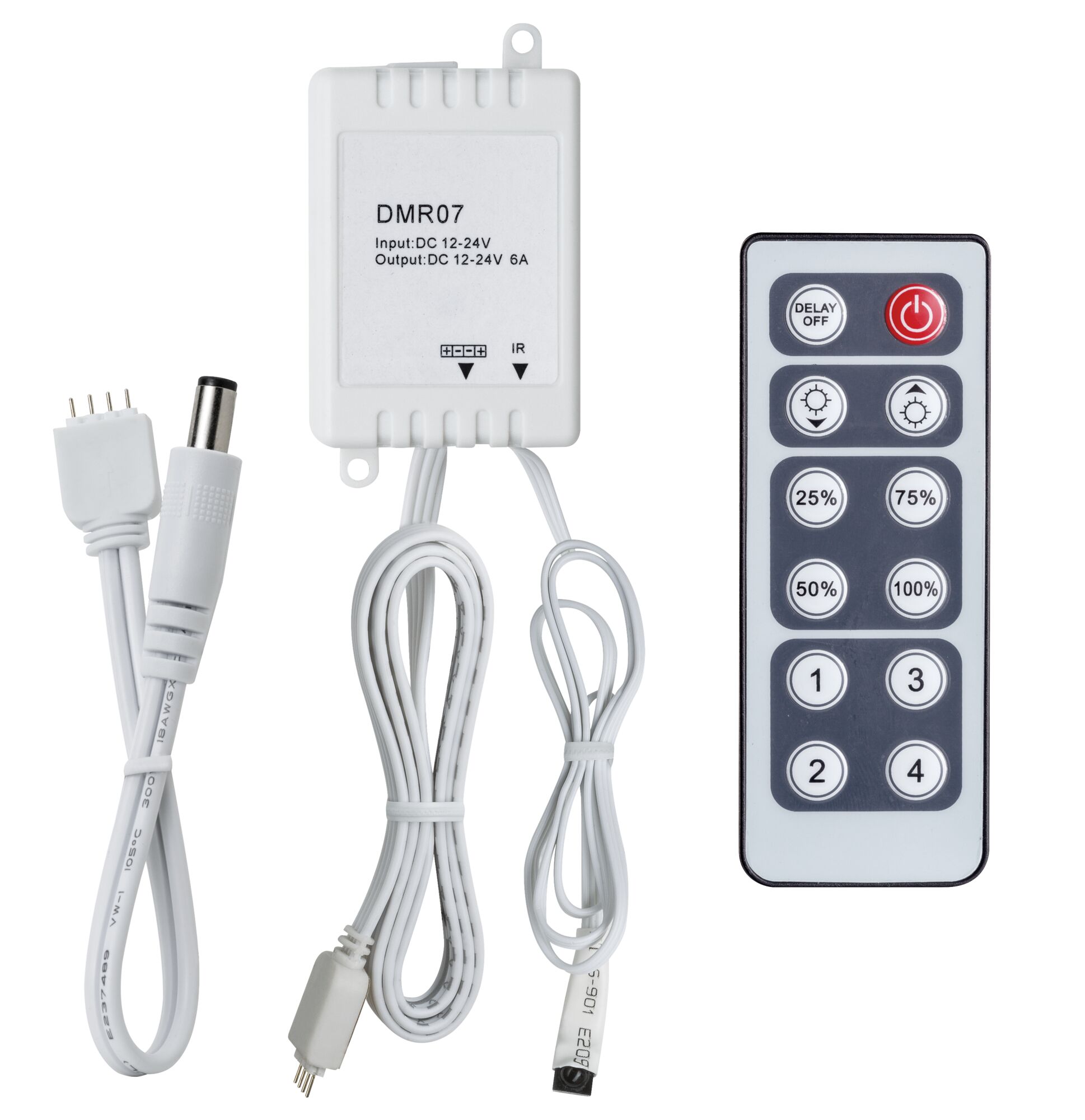 Witte LED-dimmer DMR07 met afstandsbediening en kabels voor 12-24V DC verlichtingssystemen