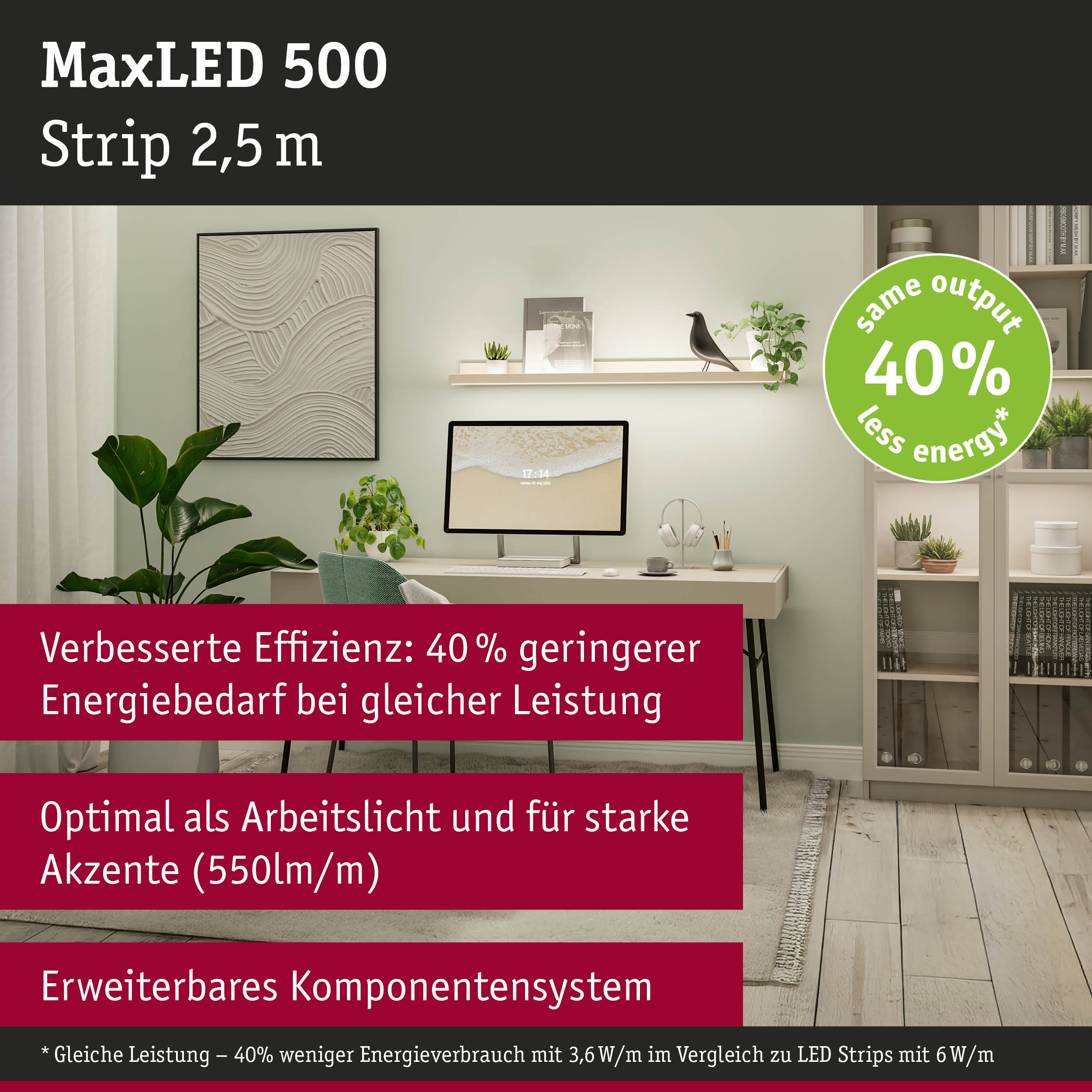 MaxLED 500 LED-Strip 2,5 m in Weiß für energiesparende Raumbeleuchtung mit 40% weniger Verbrauch