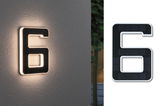 Black solar house number 6 with white LED light for outdoor walls, weatherproof and energy-saving