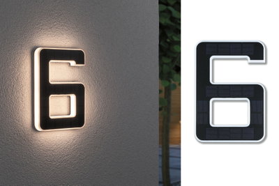 Chiffre 6 solaire noir avec lumière LED blanche pour murs extérieurs, résistant aux intempéries et économe en énergie