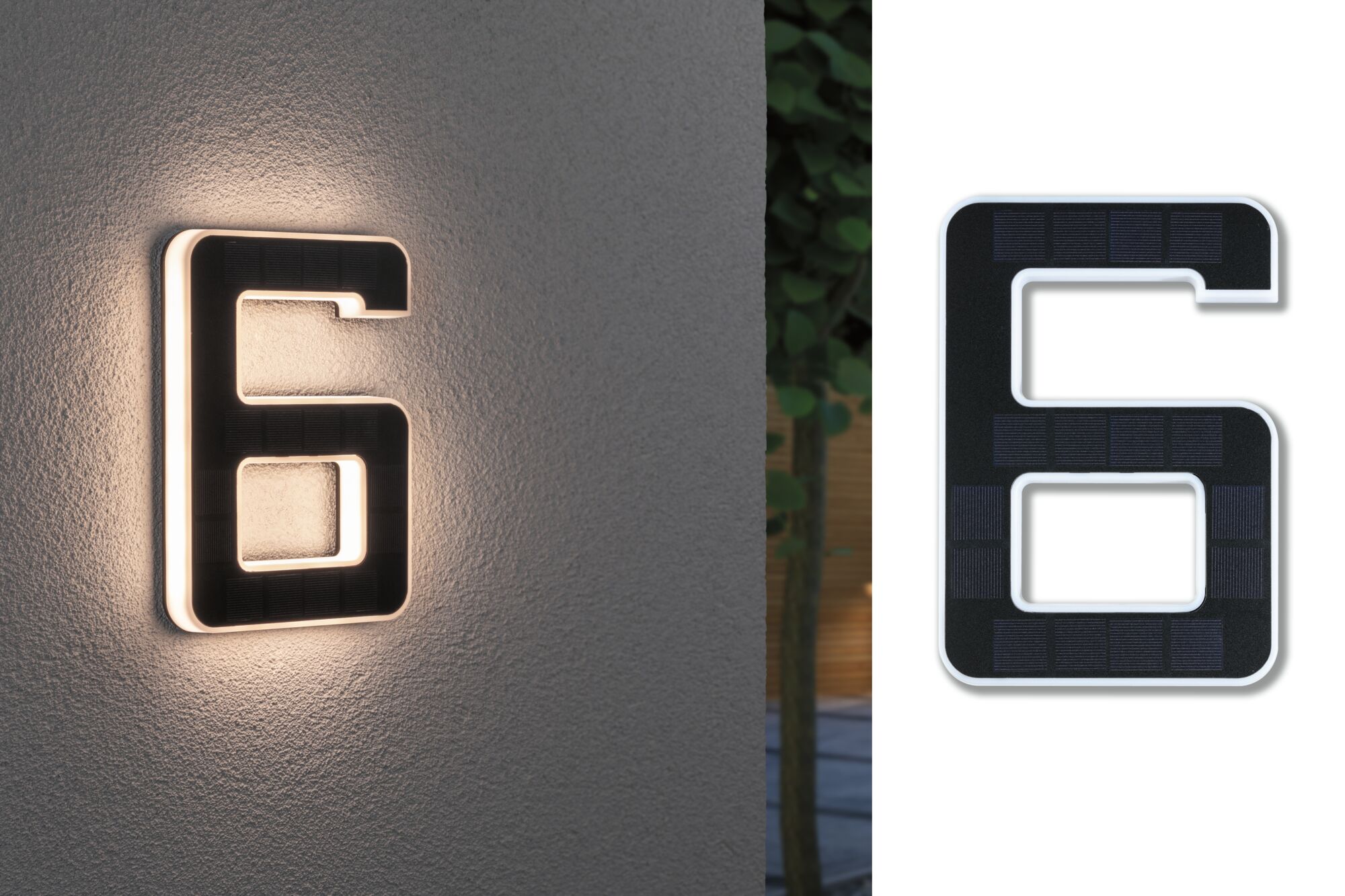 Solar LED Hausnummernleuchte inkl. wechselbarer Akku Nummer 6 IP44 3000K 6lm Schwarz Solarbetriebene Hausnummer 6 mit schwarzem Material und weißer LED-Beleuchtung für Außenwände