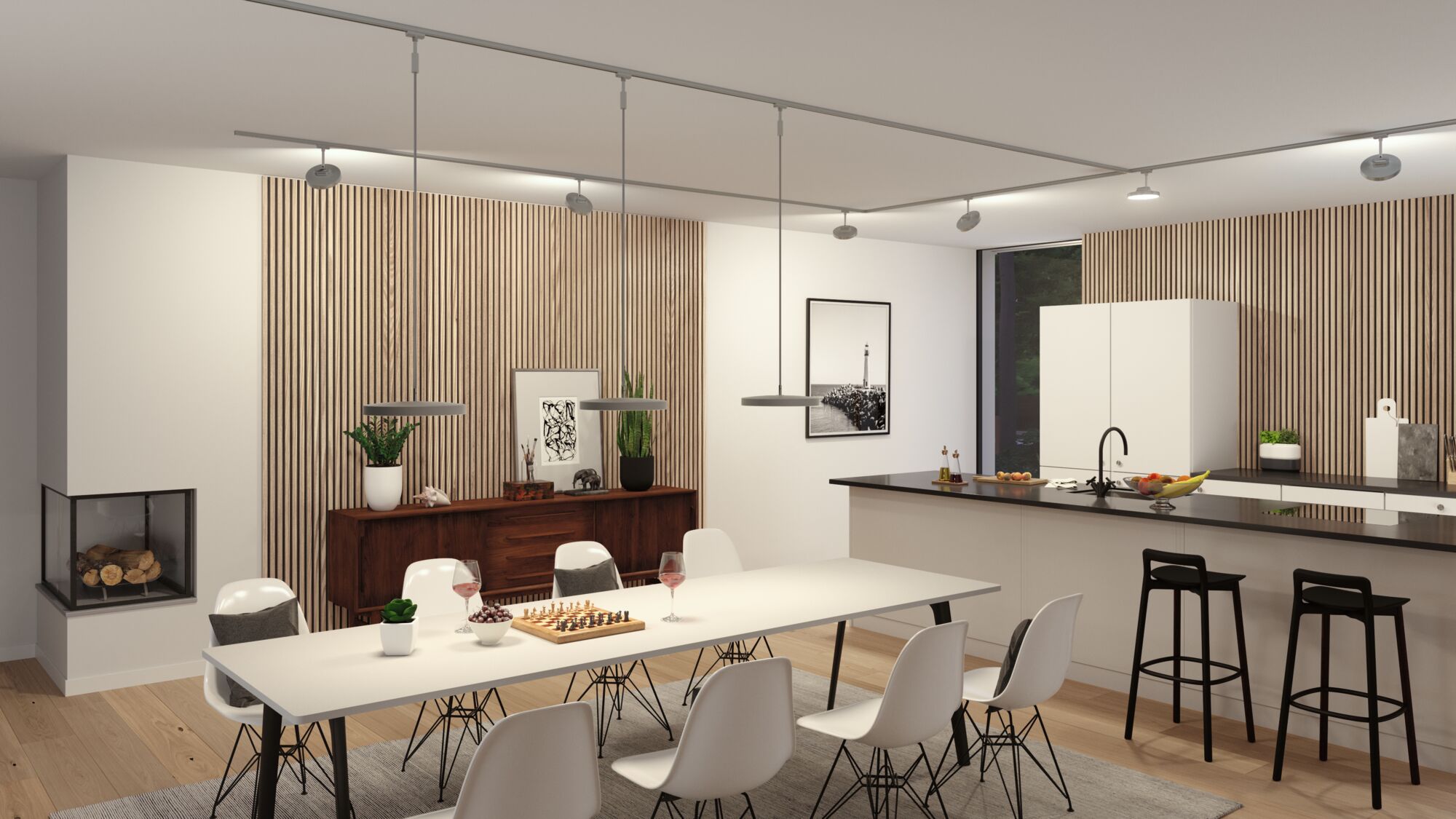 Salle à manger moderne avec chaises blanches, panneaux en bois et suspension grise minimaliste.