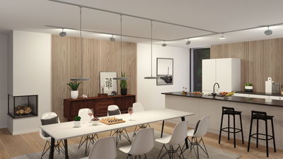 Salle à manger moderne avec chaises blanches, panneaux en bois et suspension grise minimaliste.