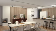 Modern kitchen dining area with white chairs, wood panel wall and minimalist LED ceiling lights