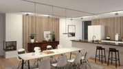 Cuisine moderne avec chaises blanches, mur en bois et éclairage LED minimaliste au plafond