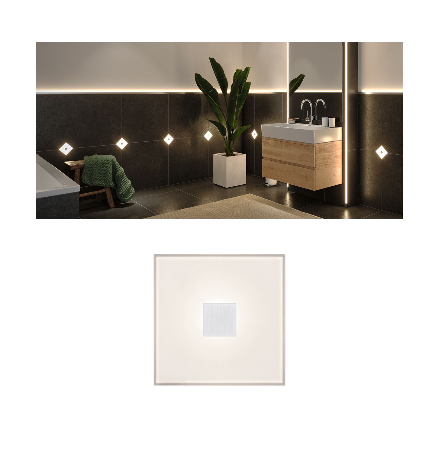 LumiTiles LED-tegels Square Afzonderlijke tegel IP44 100x100mm 20lm 12V 0,8W 2700K Wit Kunststof/Aluminium Vierkante witte LED-wandlamp met aluminium middenstuk, moderne badkamerverlichting