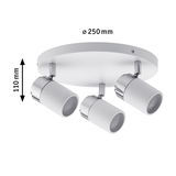 Spot de plafond blanc à trois lampes avec accents chromés, diamètre 250 mm, hauteur 110 mm, éclairage LED