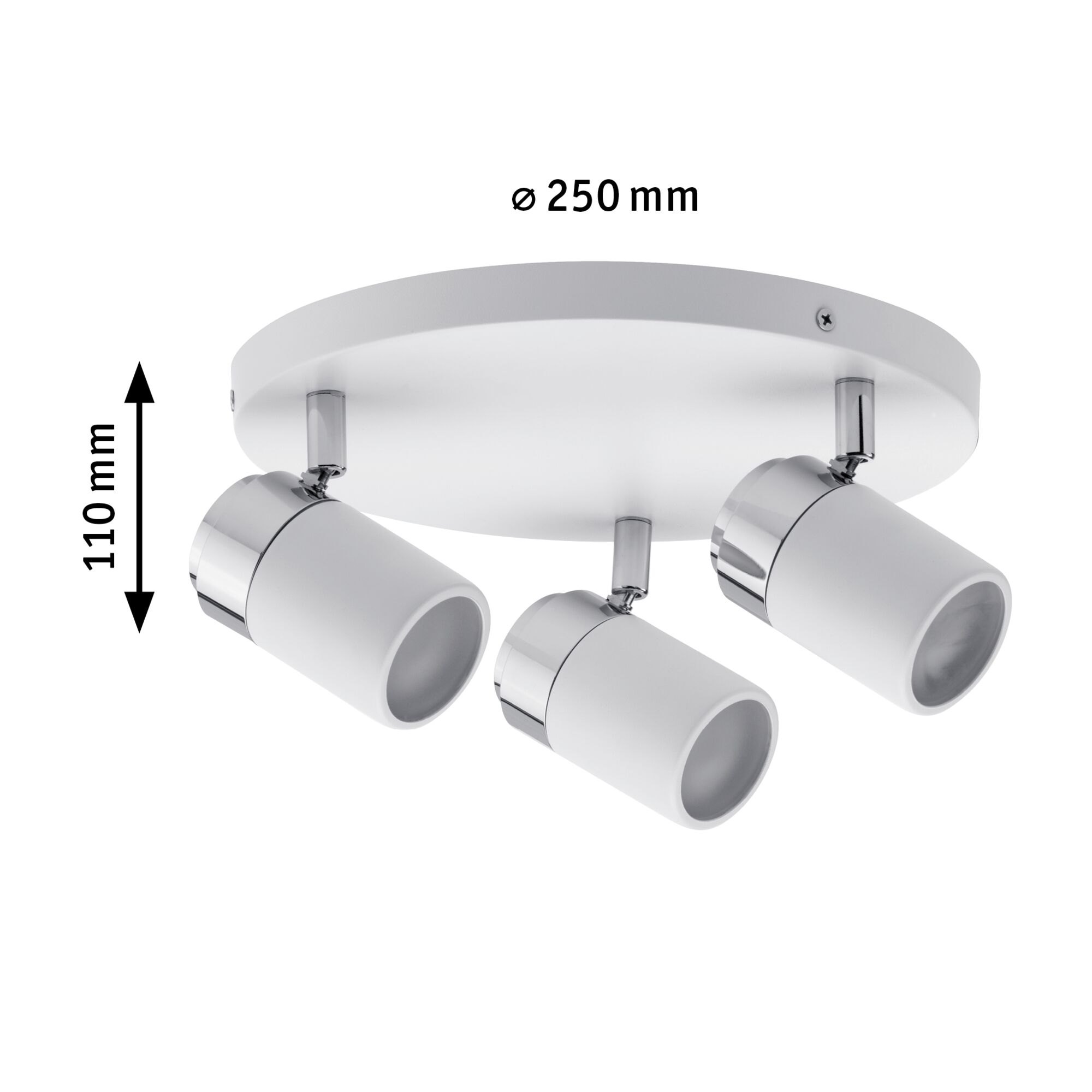 Three-light white ceiling spotlight with chrome accents, 250 mm diameter, 110 mm height, LED spot lighting