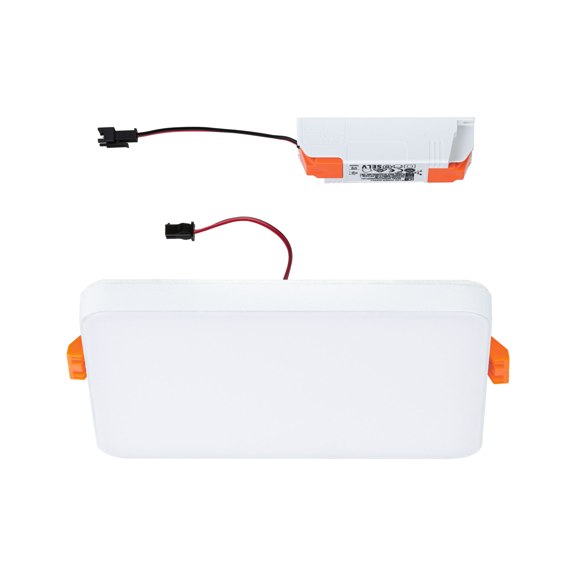 Weißes LED-Panel mit orangefarbenen Halterungen und schwarzem Anschlusskabel für moderne Beleuchtung