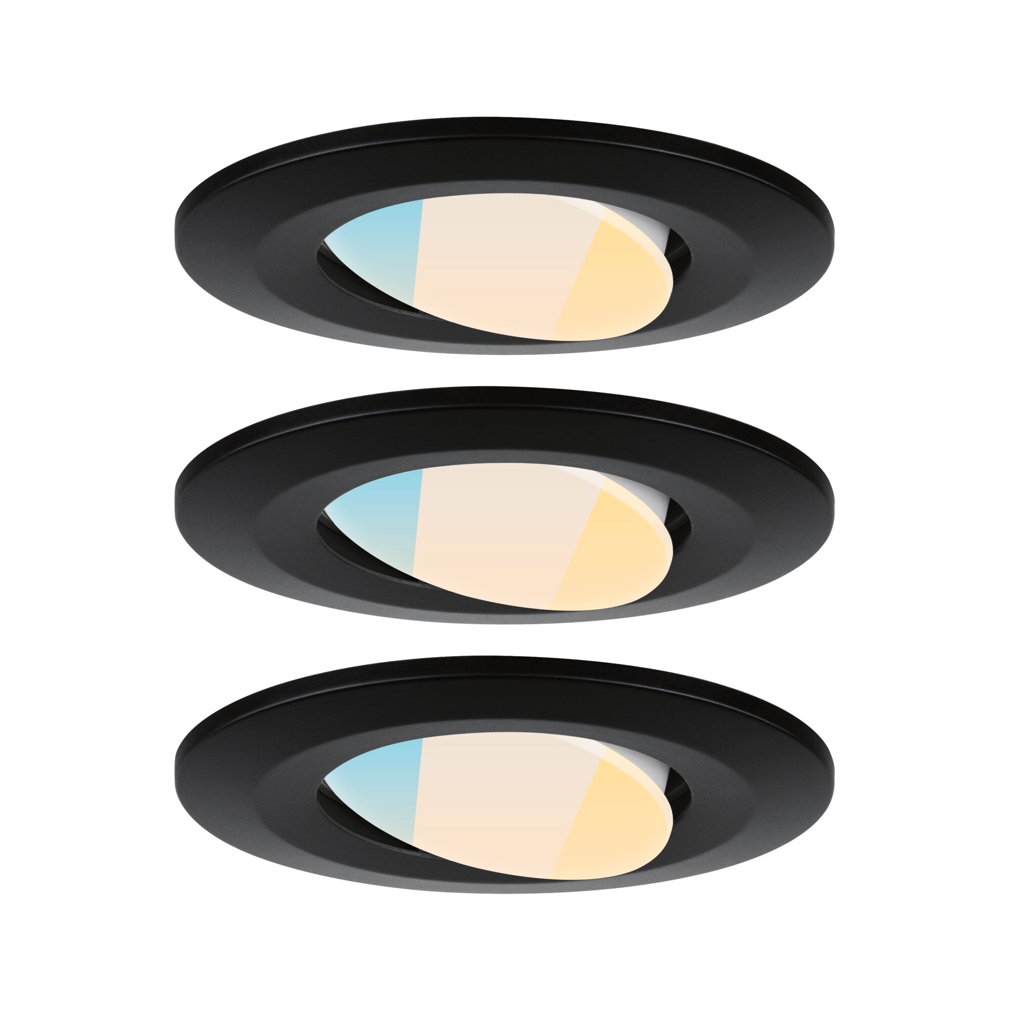 Drie zwarte LED-inbouwspots met instelbare kleurtemperatuur voor moderne verlichting