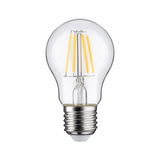 Classic LED light bulb with clear glass and visible yellow filaments for energy-efficient lighting