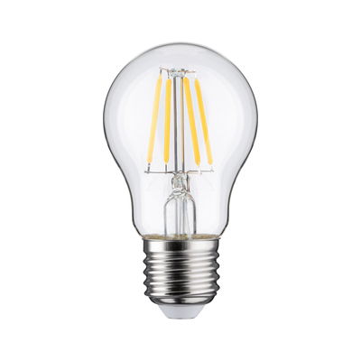 Classic LED light bulb with clear glass and visible yellow filaments for energy-efficient lighting