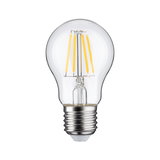 Klassische LED-Glühbirne mit transparentem Glas und sichtbaren gelben Filamenten für energiesparende Beleuchtung
