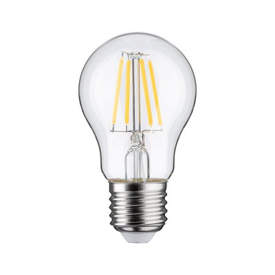 Klassische LED-Glühbirne mit transparentem Glas und sichtbaren gelben Filamenten für energiesparende Beleuchtung