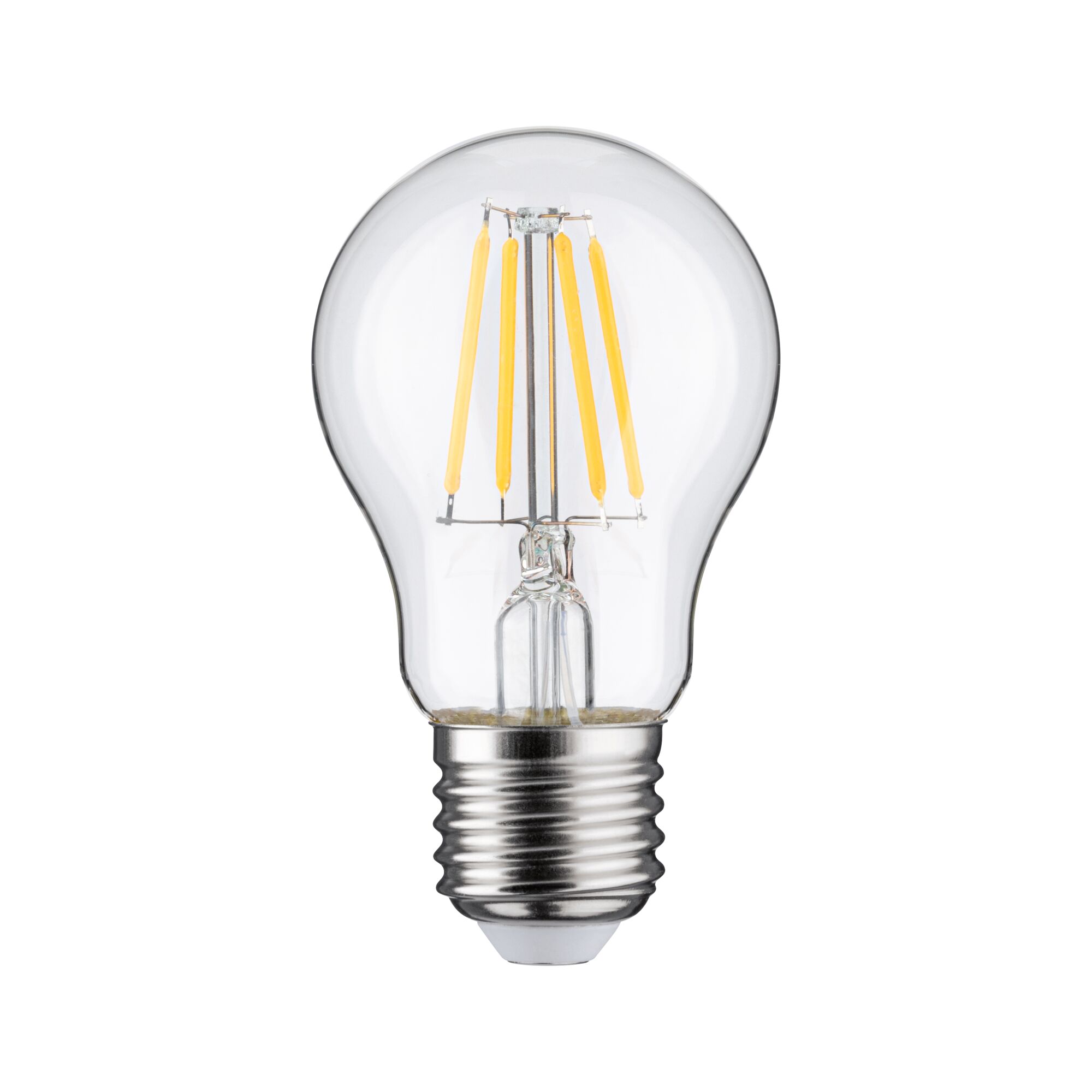 Classic LED light bulb with clear glass and visible yellow filaments for energy-efficient lighting