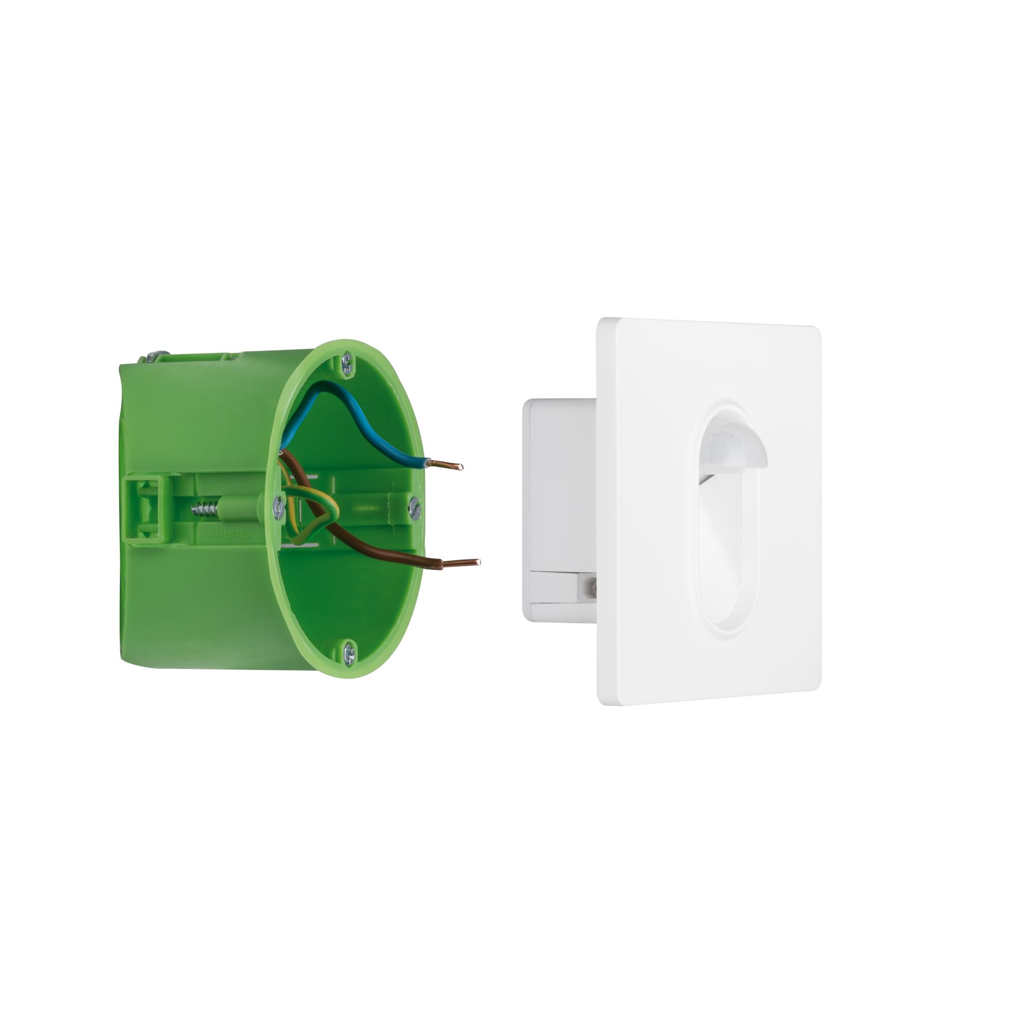 White motion sensor with green installation box and visible wiring for lighting control