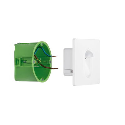 White motion sensor with green installation box and visible wiring for lighting control