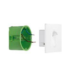 White motion sensor with green installation box and visible wiring for lighting control