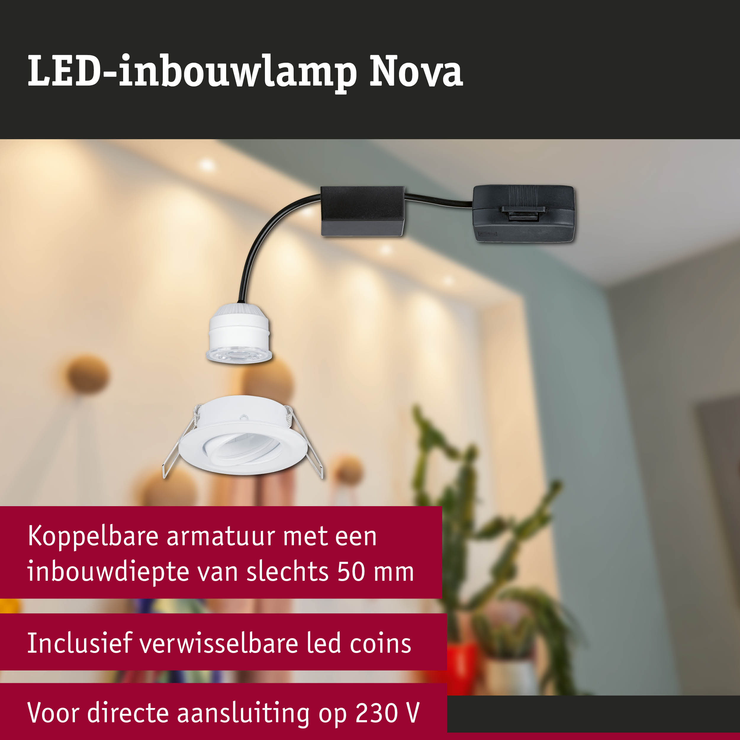 Witte LED-inbouwlamp Nova met zwarte kabel, compacte uitvoering voor directe 230V aansluiting