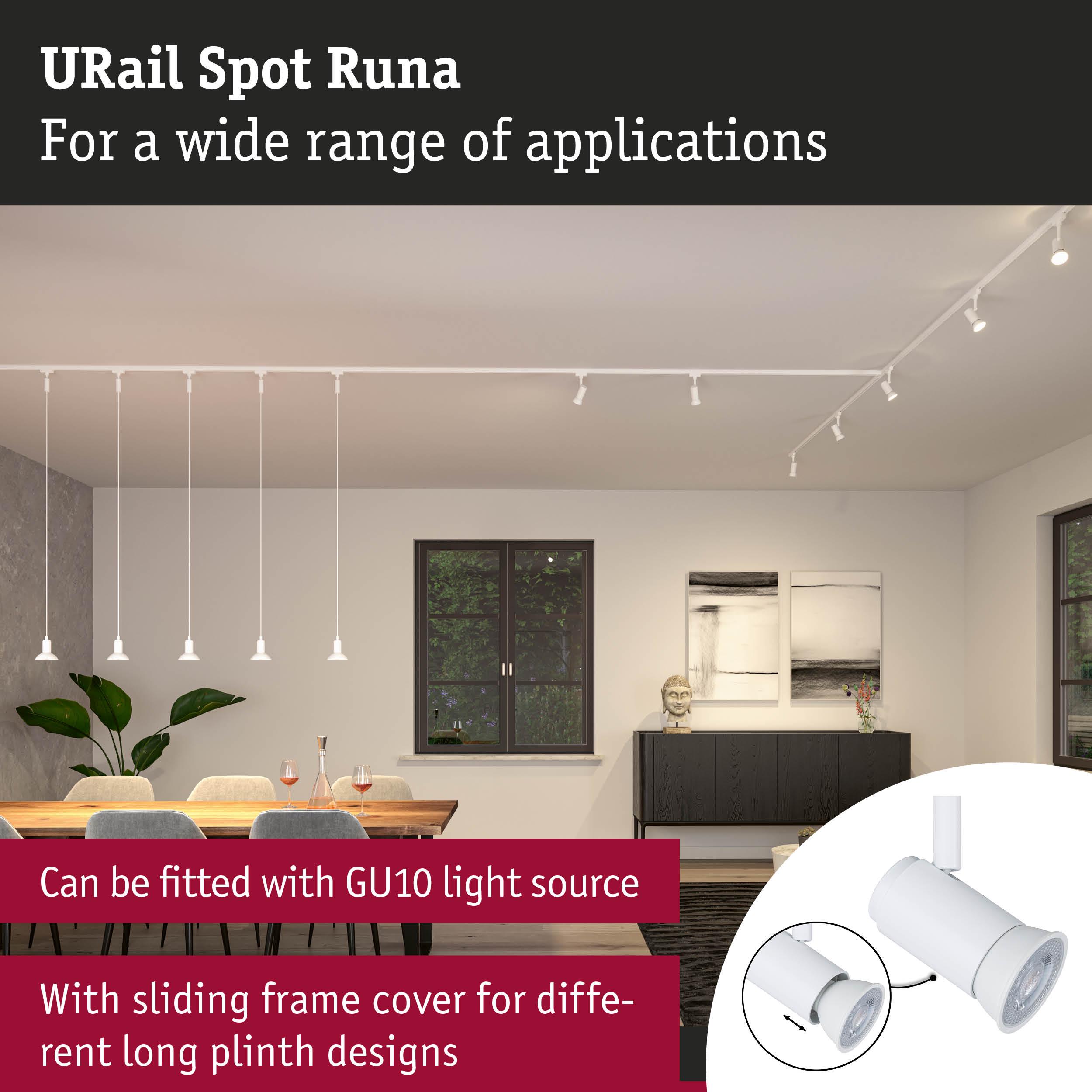 White URail Spot Runa spotlight with GU10 fitting and sliding frame cover for versatile lighting design