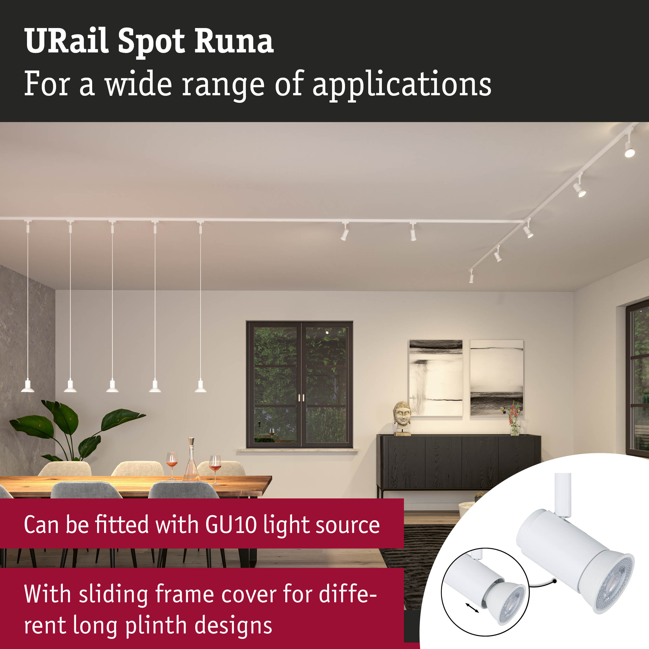 White URail Spot Runa metal spotlight with GU10 fitting for versatile indoor lighting solutions