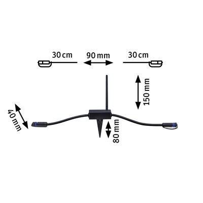 Black cable with antenna and ground spike, dimensions 30 cm, 90 mm, 150 mm, 80 mm, 40 mm, LED accessory.