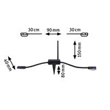 Zwarte kabel met antenne en grondpin, afmetingen 30 cm, 90 mm, 150 mm, 80 mm, 40 mm, LED accessoire.