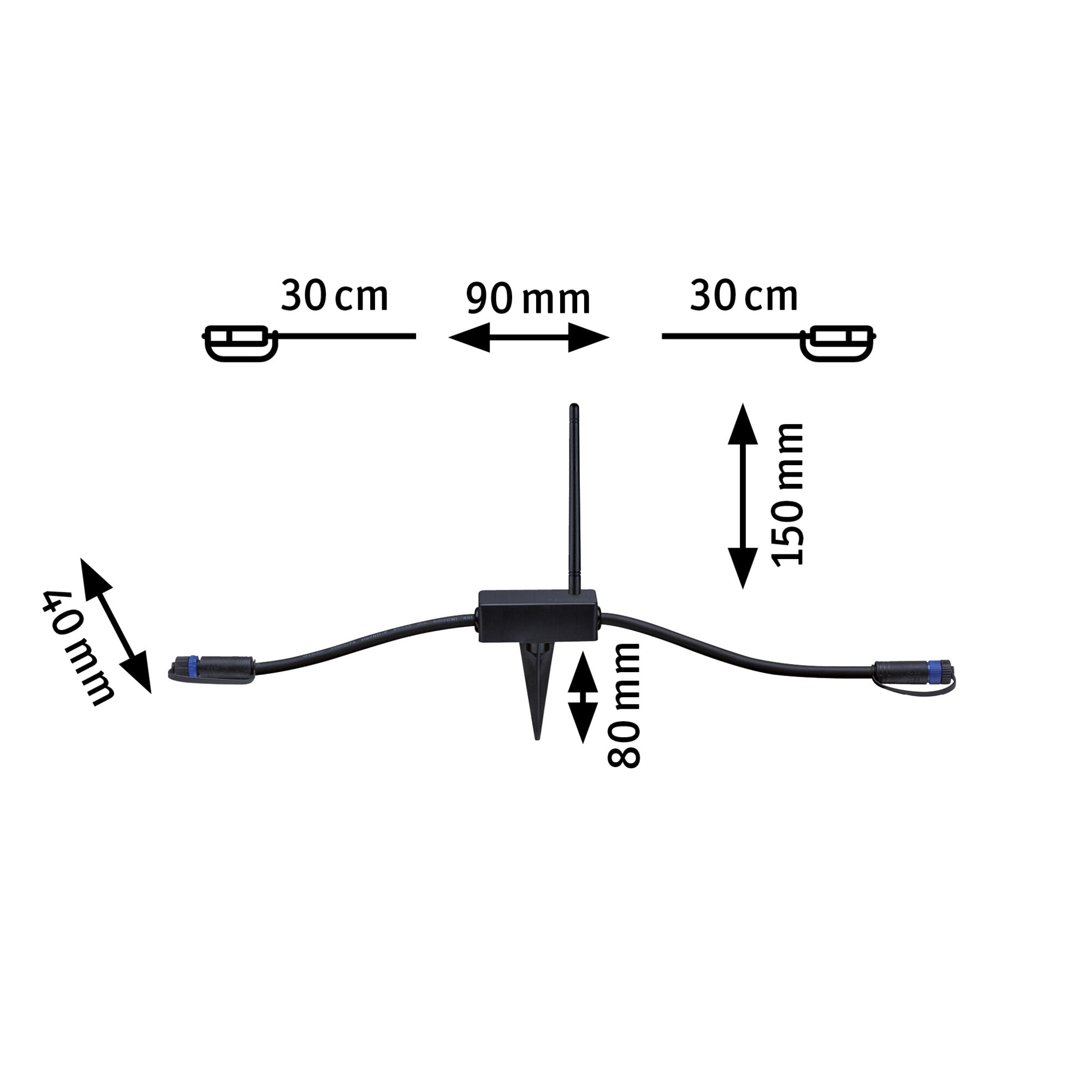 Sort kabel med antenne og jordspyd, mål 30 cm, 90 mm, 150 mm, 80 mm, 40 mm, LED tilbehør.