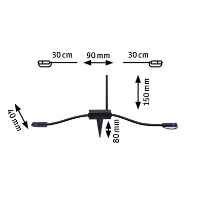 Sort kabel med antenne og jordspyd, mål 30 cm, 90 mm, 150 mm, 80 mm, 40 mm, LED tilbehør.