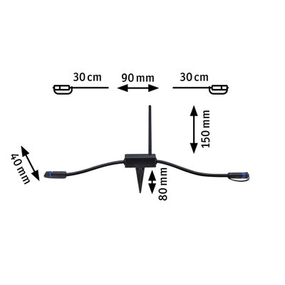 Schwarzes Kabel mit Antenne und Erdspieß, Maße 30 cm, 90 mm, 150 mm, 80 mm, 40 mm, LED Zubehör.
