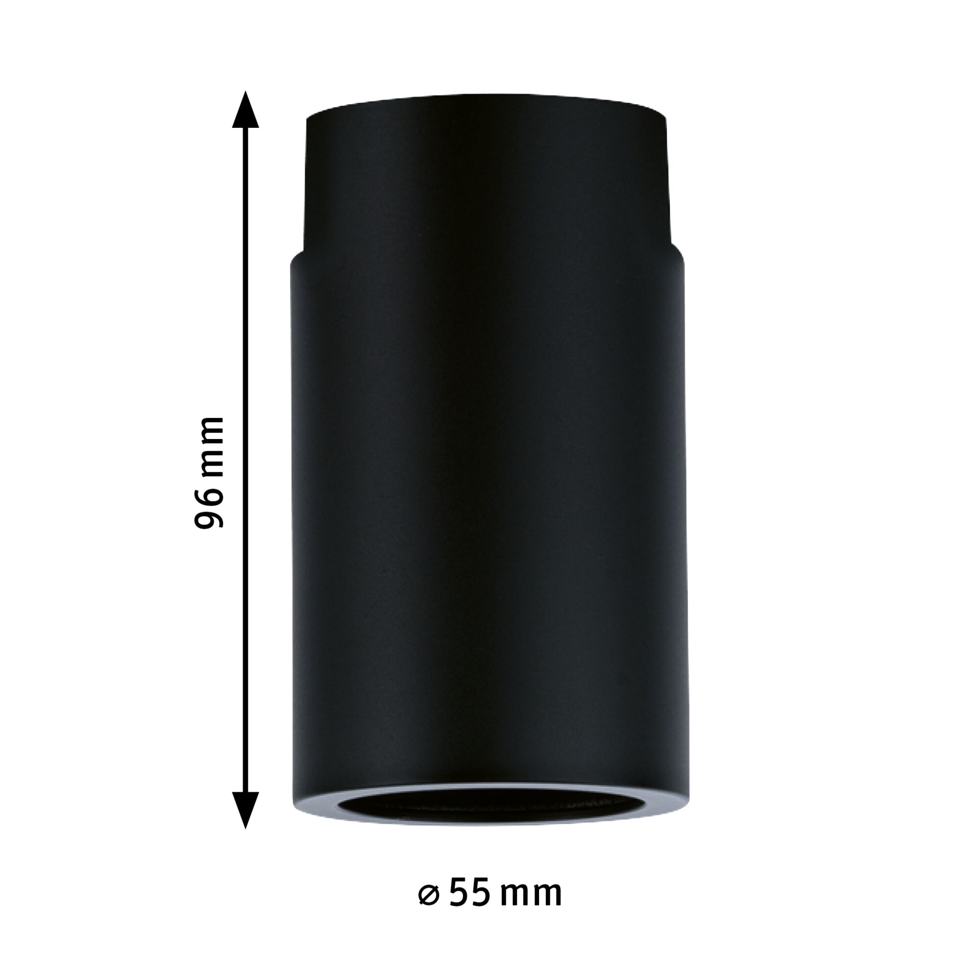Schwarzes zylindrisches Aluminium-Gehäuse mit 96 mm Höhe und 55 mm Durchmesser für LED-Leuchten.