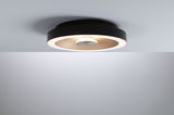 Runde Deckenleuchte aus Metall in Schwarz mit warmweißem LED-Ring und Holzdekor für modernes Lichtdesign.